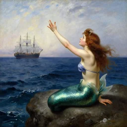 a mermaid siren princess calling out towards sailors on a distant ship. Masterpiece. By Ruan Jia. By Bouguereau.
