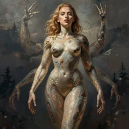 scarlett johansson with an very long torso, possibly extra limbs, artgerm, intricate, detailed, volumetric lighting, digital painting, concept art, greg rutkowski