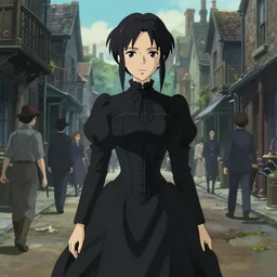 a full body portrait of a woman wearing a long black victorian dress corset, backdrop busy victorian slum back street, finely detailed features, closeup of face, single subject, gapmoe yandere grimdark, pixiv, by makoto shinkai, takashi takeuchi, studio ghibli, akihiko yoshida,