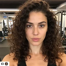 face close - up small chin mona lisa female influencer in gym instagram selfie photo staring at camera with curly hair in gym photo by annie leibovitz # gym # photography # beauty