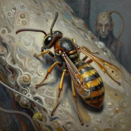 wasp, hdr, intricate details, by Zdzislaw Beksinski, boris vallejo, giger, highly detailed, soft lighting, film grain, medium format, 8k resolution, oil on canvas