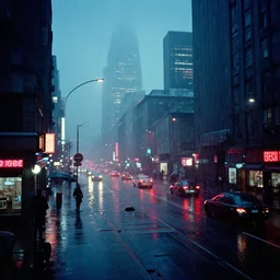 kodachrome photograph, saturated photo, 1 9 6 7 cyberpunk city during a melancholy rainy night