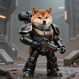 anthropomorphic shiba inu, wearing warhammer 4 0 k strongest black exoskeleton power armor without helmet, holding sci - fi laser gatling gun, post apocalyptic sci - fi background