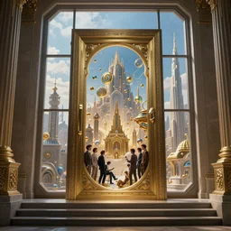 carved futuristic door at the end of ancient ornate steps shows a large window to a city detailing the vast architectural scientific and cultural achievements of humankind, magical atmosphere, assembly of matter into higher ordered structures, renato muccillo, jorge jacinto, andreas rocha, damian kryzwonos, ede laszlo, christian reiske, trending on artstation, highly detailed digital art, cinematic blue and gold