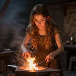 idealistic portrait of a young girl working in a blacksmith's forge, clear eyes, fair skin, beautiful hair, slender hands, fantasy art, fire, 8 k digital art, unreal engine, far away, in the style of alexander jansson fra angelico and h. r. giger,