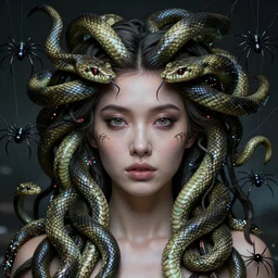 beauty woman with snakes for hair, Medusa, detailed face, surrounded by spiders, very detailed, dramatic lighting, electrical details, high details, 4k, 8k, trending on artstation, by Greg Rutkowski, Wayne Barlowe, Hajime Sorayama and Boris Vallejo