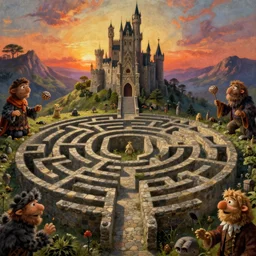 jim henson's labyrinth at dawn. the maze of stone corridors is spread out over the hills surrounding the goblin king's castle by edgar maxence and caravaggio and michael whelan and delacroix style, artistic, intricate painting, cinematic lighting, hyper realistic, extremely detailed, establishing shot, 8 k resolution, dramatic lighting