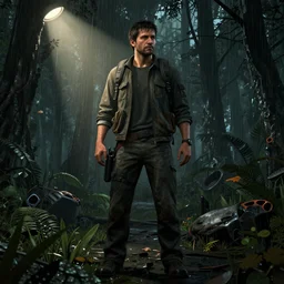 Frank Horrigan stands against the background of a radioactive forest, graphics, fallout 4 render, 3d computer render, maximum details, rain, night, spotlight,