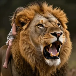 girl riding on a lion, 2 0 year old girl, girl sitting on the lion, lion roaring, extremely detailed, high quality, cinematic, dramatic lightning, photo realistic, beautiful face, highly detailed face, 4 k