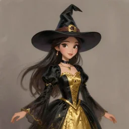 portrait of a beautiful female witch in black and golden dress , digital painting , digital art , pixar style , Disney , cute , trending on artstation
