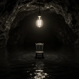 infinite black cave lake, centered on a chair under an edison bulb in empty black space, unreal engine, sepia, high contrast, sunken in black water, void