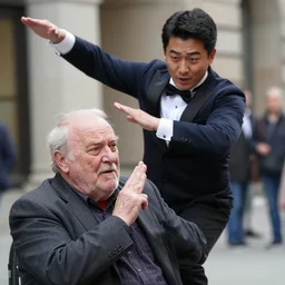 mr. t street performer body slamming old man, detailed facial expressions