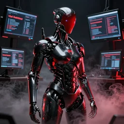 a cyborg, cyberpunk, surrounded by smoke, award-winning art, black on red, highly creative, hyperrealistic, highly-detailed, by Sam Spratt, by Vlad Rodriguez, computer screens in the background, trending on Artstation, dark, dramatic, cinematic, realistic studio lighting, realistic reflections, 4k, professional, canon