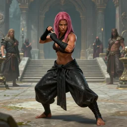 Full body Picture of a female monk, fighter, black bandage on arms, marked muscles, brown skin, dark pink hair, brown eyes, detailed face, combat stance, black soggy pants, spiritual, epic fantasy, temple in the background, D&D, by artgerm and Craig Mullins, James Jean, Andrey Ryabovichev, Mark Simonetti and Peter Morbacher, matte painting, trending on artstation, artstationHD, artstationHQ, octane, full HD, 16K