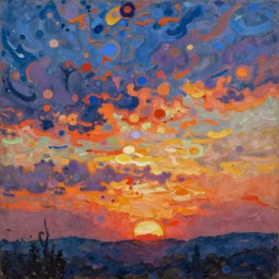 award winning oil painting, sunset dusk evening sky, masterpiece, spectacular quality, intricate oil details, liquid paint spots, vivid harmonic colors, harmonic composition, in the style of georges lemmen, edited by paul signac, neo - impressionism, pointillism