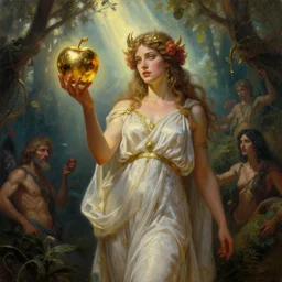 eris, greek goddess of chaos, holding an reflective gold!!! metal apple, goddess of chaos, eve in the garden of eden, god rays, volumetric lighting, by michael cheval, peter mohrbacher, boris vallejo, jessica rossier, oil painting, highly detailed, cinematic lighting, unreal