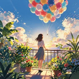 girl stand on the a balcony where plants and flowers all around, she is watching a lot of balloons flying over, epic perspective, illustration concept art anime key visual trending pixiv fanbox by wlop and greg rutkowski and makoto shinkai and studio ghibli