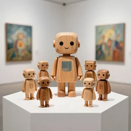 8 k photorealistic, a wooden art toys on a pedestal a cute robot wooden, concept art in a contemporary art gallery by afshar, petros