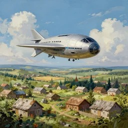a beautiful matte painting of a alien spaceship over the old soviet village simon stalenhag, countryside, slavic and alan bean, trending on artstation, realistic rendering