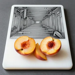 sliced peaches on a cutting board by nicolas delort and moebius, escher