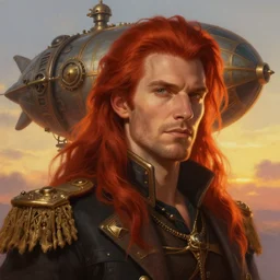 portrait painting of a handsome face rugged long hair crimson hair male capitain, top half portrait soft hair steampunk ornate mechanical zeppelin blimp airship in the background sky sunset golden hour fantasy soft hair deviantart book cover art dramatic volumetric lighting art by wlop greg rutkowski gaston bussiere
