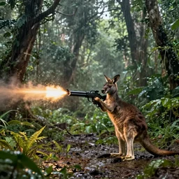 military kangaroo firing a machine gun from a dense jungle in rain, marshy land