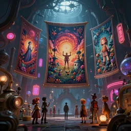 tapestries of dreams, ultra detailed, beautiful fantasy planet scene, neon signs, atmospheric lighting, dramatic, cinematic, steampunk, moody, characters from machinarium, by don bluth, trending on artstation, 8 k, hd, octane render
