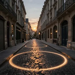 blind vision of old paris street painted with glow circles