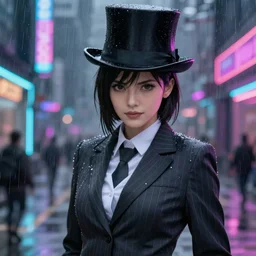 beautiful anime woman, pinstripe suit, top hat, cyberpunk background, rendered in octane, unreal engine, raining, highly detailed, trending on artstation, realistic, neon