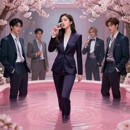lee jin - eun in tempting luxurious space slim suit emerging from pink water in cyberpunk theme by greg rutkowski, claude monet, conrad roset, takato yomamoto, james jean, rule of thirds, seductive look, beautiful, sakura flowers, drinking wine, refined, masterpiece