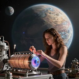 gorgeous beautiful girl on ganymede conducting maintenance of an oxygen generator, planet in the sky by beeple, leesha hannigan, ross tran, craig mullins, ilya kuvshinov, krenz cushart, artgerm trending on artstation by edward hopper, dan mumford, wlop, rutkovsky, carl spitzweg, moebius, unreal engine 5, lumen, nanite