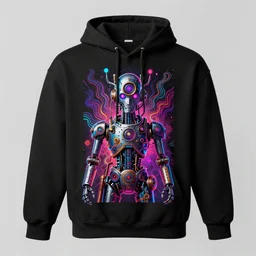 mockup of a black hoodie with a hyperdetailed portrait of a steampunk robot on lsd, 8 k, symetrical, flourescent colors, trippy mood, multicolored,