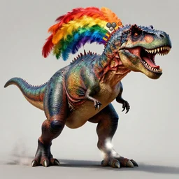 donald trump as a rampaging tyrannasaurus rex with a rainbow feathered frill, realistic hyper detailed by frank frazetta