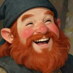 closeup portrait of a dwarven bard, happy, laughing, rosy cheeks, red beard, freckles, art by artgerm and greg rutkowski and alphonse mucha