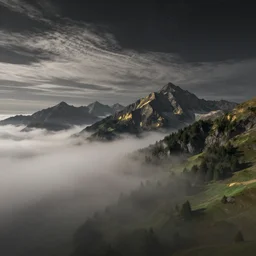 a beautiful digital render of a swiss landscape with subtle asperitas clouds coming out of heaven, fog, dark, volumetric lighting, tall mountains in the background, starry night, very detailed, cirrus, green accents, gold accents, washed out colors, ultrarealistic, master level composition, raytracing, exhibit at the louvre museum