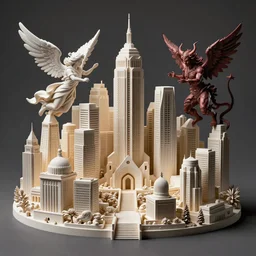 an intricate 3d sculpture of a cityscape with angels and demons by kris kuksi