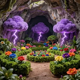 in a cave with a miniature hyper - realistic garden of hedges and brighly coloured rainbow flowers : 4, highly symmetrical, balanced, purple lightning clouds : 3, octane render, in the style of sahm : 3, hd, 4 k, ultra - realistic, in unreal engine