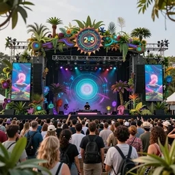 the year is 2 0 3 5 people are visiting a music show enhanced by artificial intelligence, where nature plays an elementary role. there are genetically modified plants that have grown into the mainstage upon which the dj is performing a solarpunk show