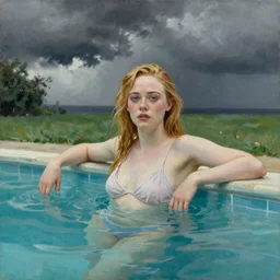 Elle Fanning at the pool, stormy weather, extremely detailed masterpiece, oil on canvas, Roger Deakin’s cinematography, by Norman Rockwell,