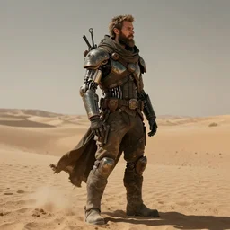 a bearded cloaked rugged engineer man with lost in the desert, scifi character portrait by greg rutkowski, esuthio, craig mullins, fullbody portrait, cinematic lighting, dystopian scifi gear, gloomy, profile picture, mechanical, half robot, implants, steampunk