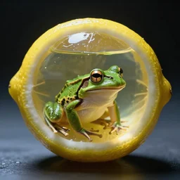 photograph of a transparent lemon with a frog inside, cinematic lighting