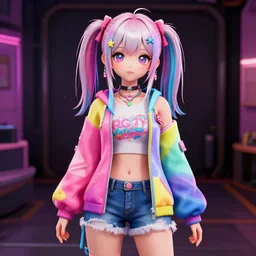 anime, vrchat, secondlife, imvu, 3 d model of a girl wearing harajuku colorful clothes, pop colors, kawaii hq render, detailed textures, artstationhd, booth. pm, highly detailed attributes and atmosphere, dim volumetric cinematic lighting, hd, unity unreal engine