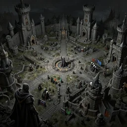 RTS gameplay third person in style of Durer, painting, Stronghold strategy gameplay, dark colors, warlock, dungeon, buildings, units, RPG, high contrast, octane render , artstation