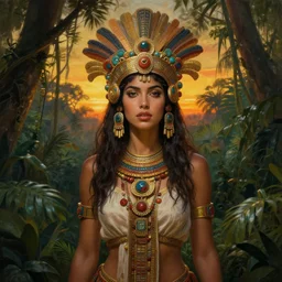 portrait of a beautiful alluring female aztec queen in a dense jungle at sunset, detailed, centered, digital painting, artstation, concept art, donato giancola, Dante Gabriel Rossetti, alphonse mucha, Joseph Farquharson, Joseph Christian Leyendecker, WLOP, Boris Vallejo, Breathtaking, 8k resolution, extremely detailed, beautiful, establishing shot, artistic, hyperrealistic, beautiful face, octane render