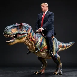 Real professional photograph of Donald Trump riding a T-Rex