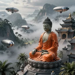 sci fi cinematic establishing shot of a single sitting buddha statue with an intricated orange robe, high detail digital painting a grey buddhist temple on a misty high mountain in the style of tim white, high detailed valley with palm trees, high camera angle, mystic atmosphere, a detailed metallic temple on a misty mountain, shiny metallic airships with reflections, volumetric fog, perspective painting, atmospheric shot, octane