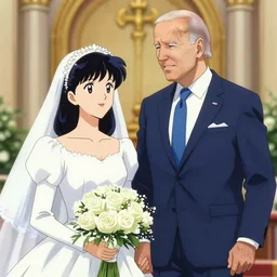 anime art of joe biden marrying misato katsuragi in a traditional christian wedding