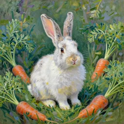 beautiful painting by monet, bunny with floppy ears in a grassy field surrounded by carrots, white and black spots, happy, photo