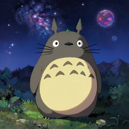 exoskeleton totoro, mountain landscape, night sky, digital art, digital painting, celestial, majestic, playful, colorful
