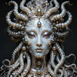 hyperrealism, detailed textures, award winning autochrome photo, symetrical alien pearl medusa queen autochrome pearl portrait, pearl silverplate, intricate, detailed facial pearl animal mask, pearl, golden jewelery, silverplate, ultra realistic, cinematic, intricate, cinematic light by steve mccurry, unreal engine 8 k